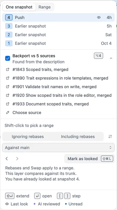 The snapshot menu with Backport vs 5 sources turned on, found from the description, listing each source and Choose source
