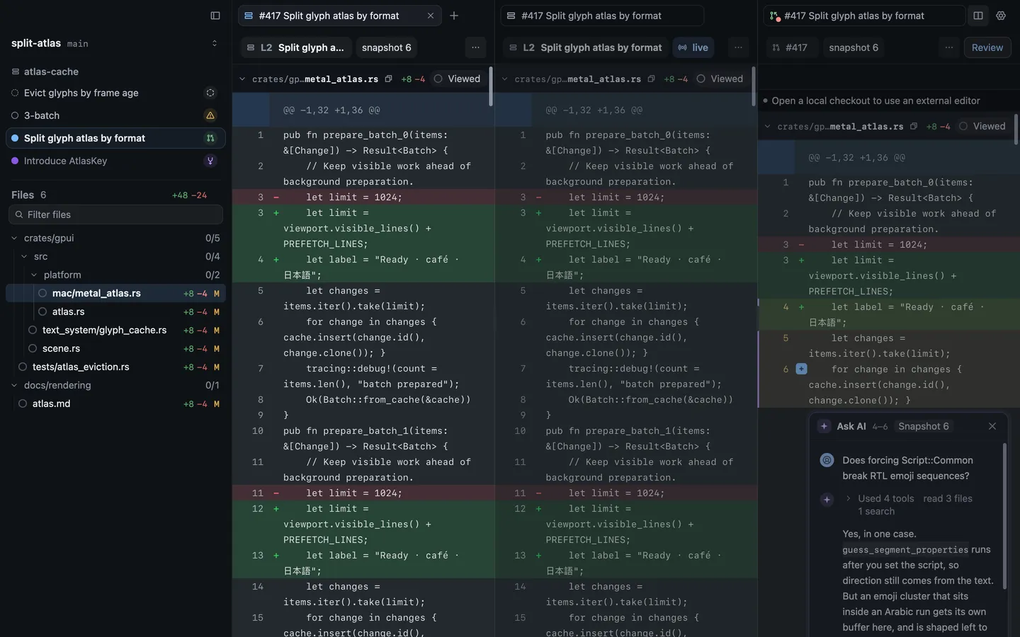 A window split into three panes, two showing the same pull request’s diff and one with Ask AI open