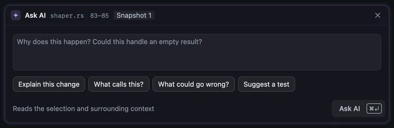 The Ask AI panel for lines 83 to 85 of shaper.rs in snapshot 1, with a question box and four suggested questions