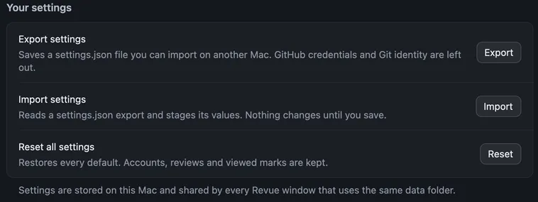 The Your settings card in Settings › Advanced, with Export settings, Import settings and Reset all settings