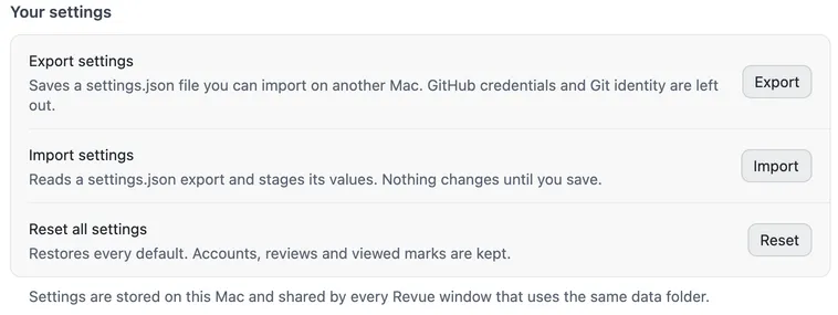 The Your settings card in Settings › Advanced, with Export settings, Import settings and Reset all settings